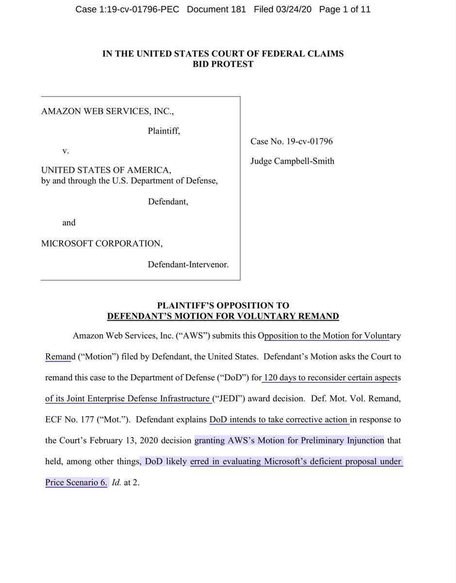 whispers - “remand back to DOD” = BAD like CYA BAD“suggests that DoD seeks to take whatever corrective action is necessary to reaffirm its prior award to Microsoft despite the material defects the Court identified and DoD has now acknowledge”AWS Oppo https://ecf.cofc.uscourts.gov/doc1/01503661983?caseid=40037