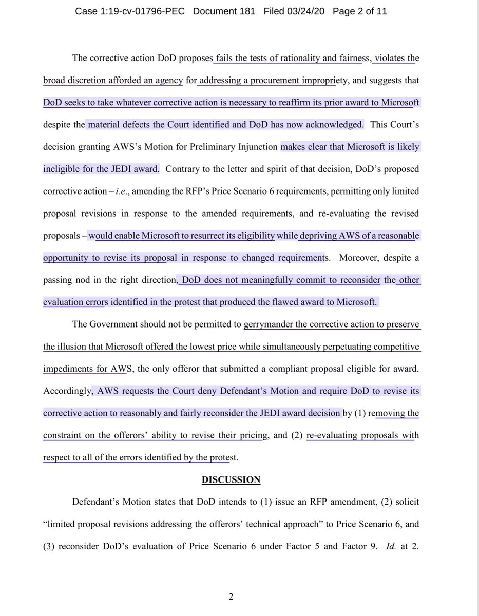 whispers - “remand back to DOD” = BAD like CYA BAD“suggests that DoD seeks to take whatever corrective action is necessary to reaffirm its prior award to Microsoft despite the material defects the Court identified and DoD has now acknowledge”AWS Oppo https://ecf.cofc.uscourts.gov/doc1/01503661983?caseid=40037