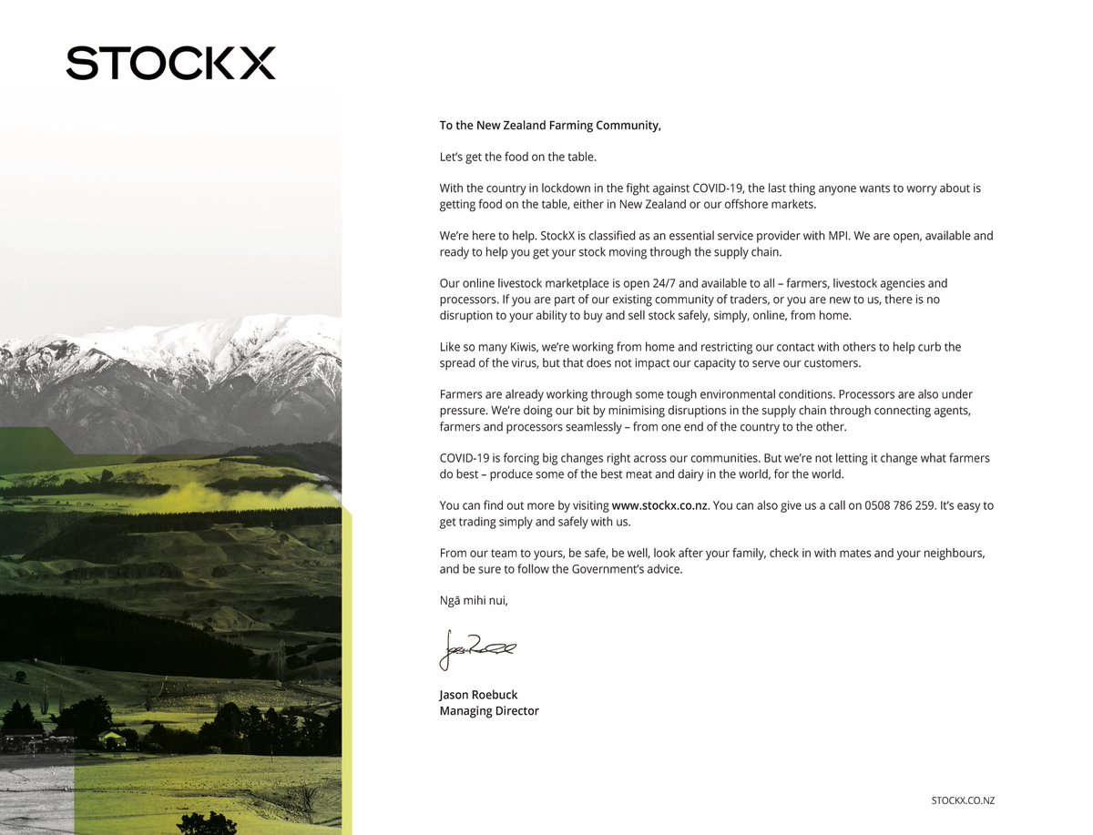 StockX_NZ's tweet photo. An open letter to the NZ Farming Community from StockX - we're here to help and let's get the food on the table.

#stockxnz #digitallivestocktrading https://t.co/V4ZpPoj8Zx