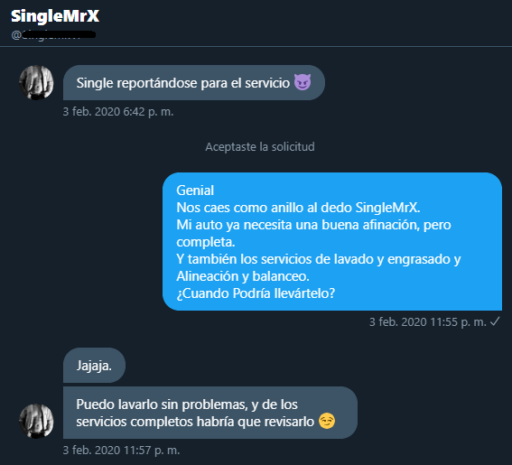 El día de hoy en:

#PorqueLosSinglesSiguenSiendoSiengles
¿Por qué los Singles siguen siendo Singles?

Presentamos:  Servicio Completo

Nota: Los Twitts mostrados, reflejan lo que un Single debería evitar al enviar un mensaje a terceros.