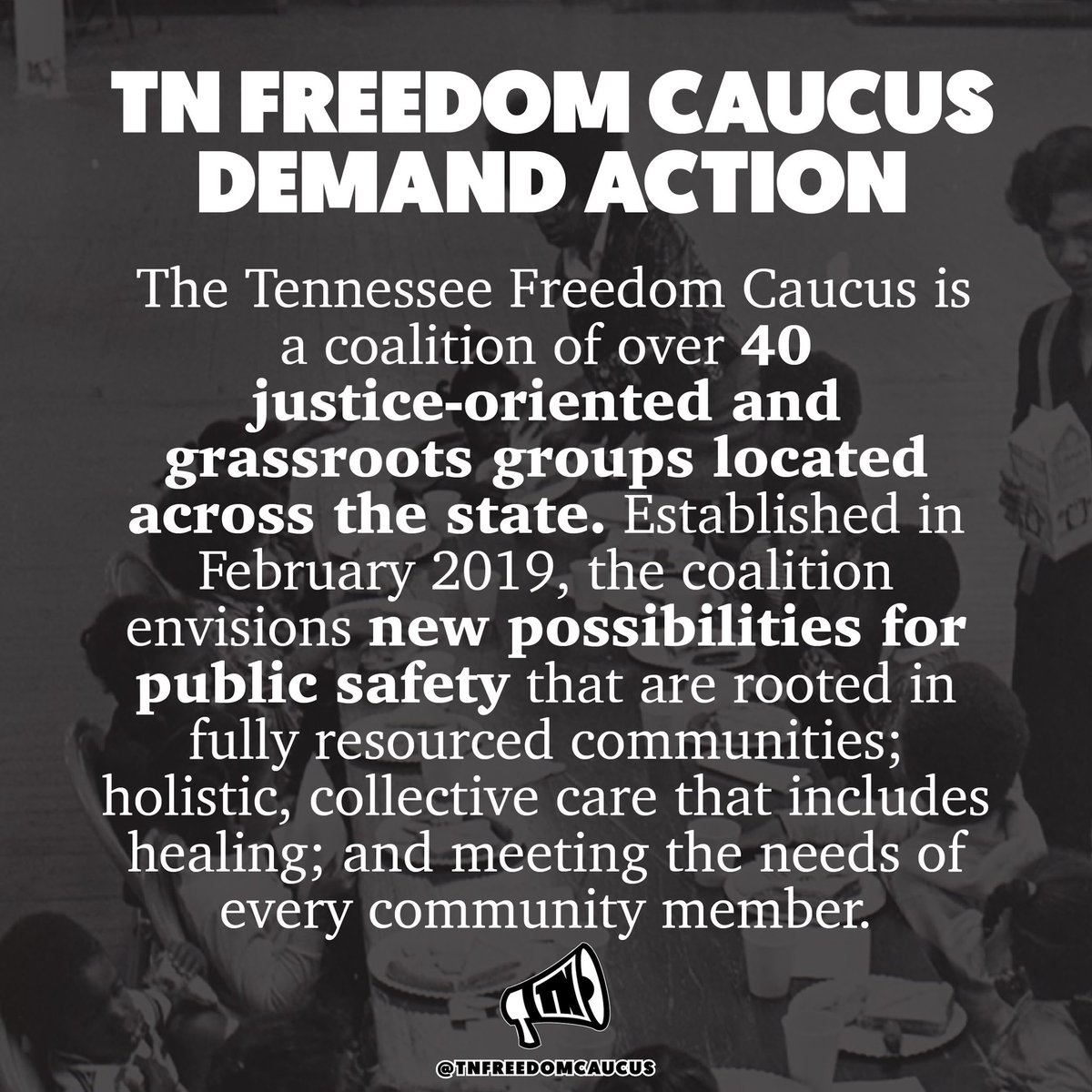TNOrg4Power's tweet photo. The Tennessee Freedom Caucus is a coalition of over 40 justice-oriented and grassroots groups located across the state. Established in February 2019, the coalition envisions new possibilities for public safety that are rooted in fully resourced communities. https://t.co/8uSPJk3Eri