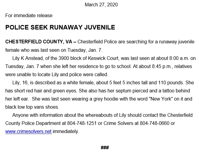 @CaptJThornton (@thornton36912) on Twitter photo Police <a href="/CCPDVa/">Chesterfield Police</a> are asking <a href="/ChesterfieldVa/">Chesterfield County Government, Virginia</a> for info on this female juvenile Please contact <a href="/CfieldVA911/">Chesterfield Emergency Communications</a> 804-748-1251 if you have any information on Lily's whereabouts <a href="/NBC12/">NBC12 is now 12 On Your Side</a> <a href="/8NEWS/">8News WRIC Richmond</a> <a href="/CBS6/">WTVR CBS 6 Richmond</a> Police <a href="/CCPDVa/">Chesterfield Police</a> are asking <a href="/ChesterfieldVa/">Chesterfield County Government, Virginia</a> for info on this female juvenile Please contact <a href="/CfieldVA911/">Chesterfield Emergency Communications</a> 804-748-1251 if you have any information on Lily's whereabouts <a href="/NBC12/">NBC12 is now 12 On Your Side</a> <a href="/8NEWS/">8News WRIC Richmond</a> <a href="/CBS6/">WTVR CBS 6 Richmond</a>