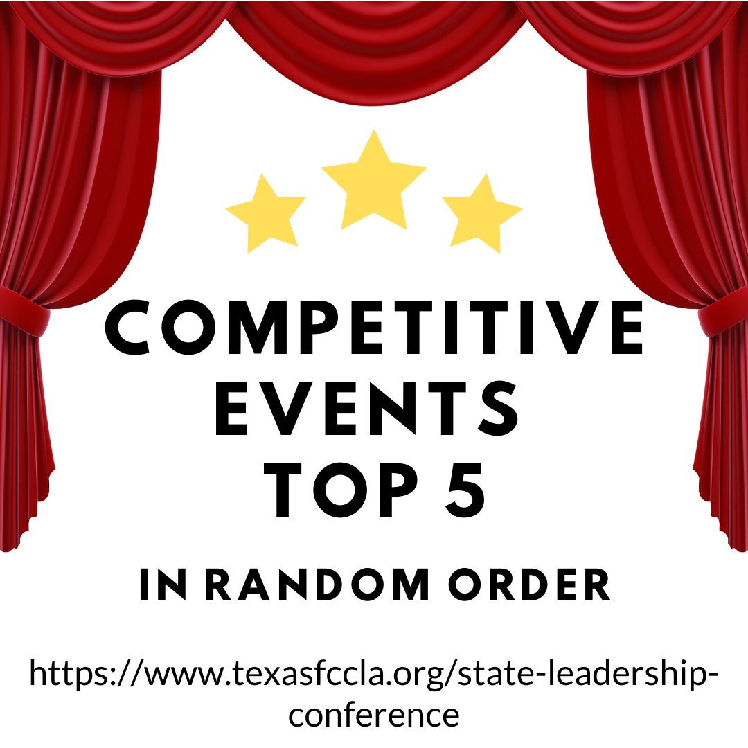 TexasFCCLA's tweet photo. The Competitive Events Top 5 in random order are now posted on the website at https://t.co/eSDnXuDYio. They can also be found on the Texas FCCLA mobile app under State Conference Competitive Events. https://t.co/SfcEbibdsj