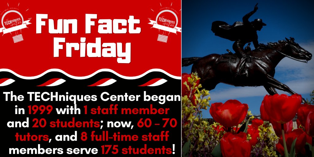 TECHniquesTTU's tweet photo. Fun Fact Friday!

The TECHniques Center began in 1999
with 1 staff member
and 20 students.

Now, 8 full-time staff members
and 60-70 tutors
serve 175 students!

#tutoring #techniquescenter #techniquesttu #disabilityservices #ttu_sds #add #adhd #austism #funfactfriday #texastech https://t.co/l5XvLETZ39