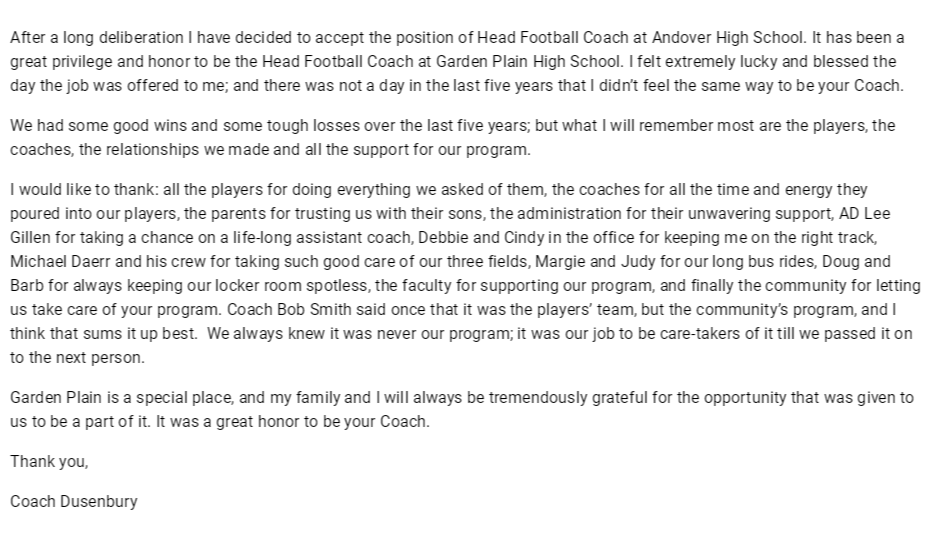 CoachDuze's tweet photo. After a long deliberation I have decided to accept the position of Head Football Coach at Andover High School. It has been a great privilege and honor to be the Head Football Coach at Garden Plain High School. I felt extremely lucky and blessed the day.. https://t.co/LHmlyrdmAQ