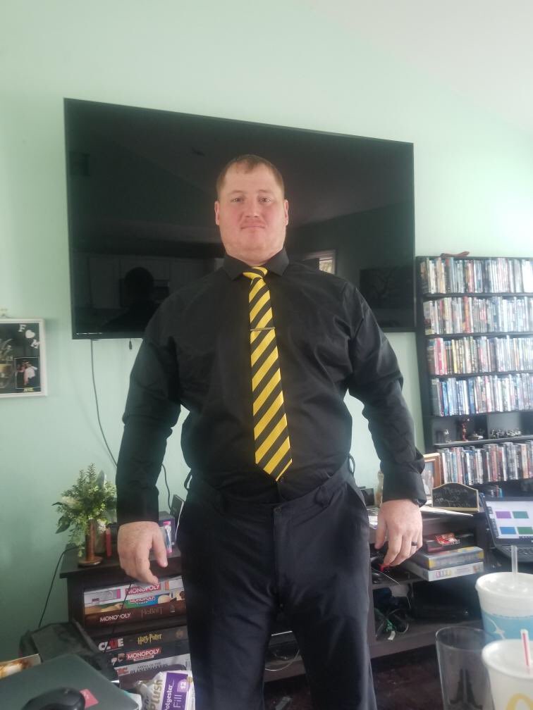 CoachHebertNSD's tweet photo. Today is Wildcats Rule the World day of the #NJHTogetherInSpirit Virtual Spirit Week! Goal was to dress head to toe in Black and Gold! First I tried the vest. Buying stuff online does not always fit correctly, even if it's a 3XL 😂😂🤣🤣 so I settled for the black shirt b/g tie. https://t.co/ly5BUeia0Y