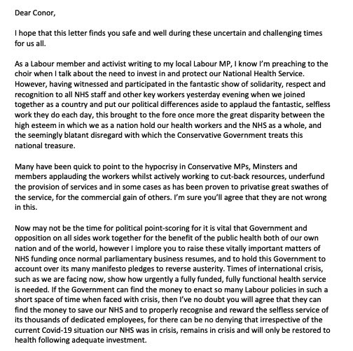 Yesterday we applauded our <a href="/NHSuk/">NHS</a> workers, to say thank you. Today we wrote to our local MP <a href="/ConorMcGinn/">Conor McGinn</a> and Health Secretary <a href="/MattHancock/">Matt Hancock</a> to lobby for greater recognition, reward and investment not just in times of crisis but always.