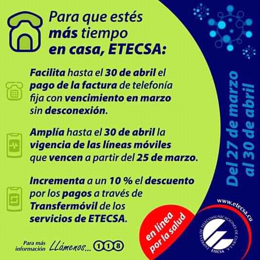 bandecmatanzas's tweet image. 👉ETECSA informa a sus clientes que bonificará con un 10% todos los pagos de los servicios que brinda que se realicen a través del TRANSFERMÓVIL📲, como medida para incentivar el uso de este canal de pago y evitar el contagio del Covid19 #YoUsoTransfermóvil