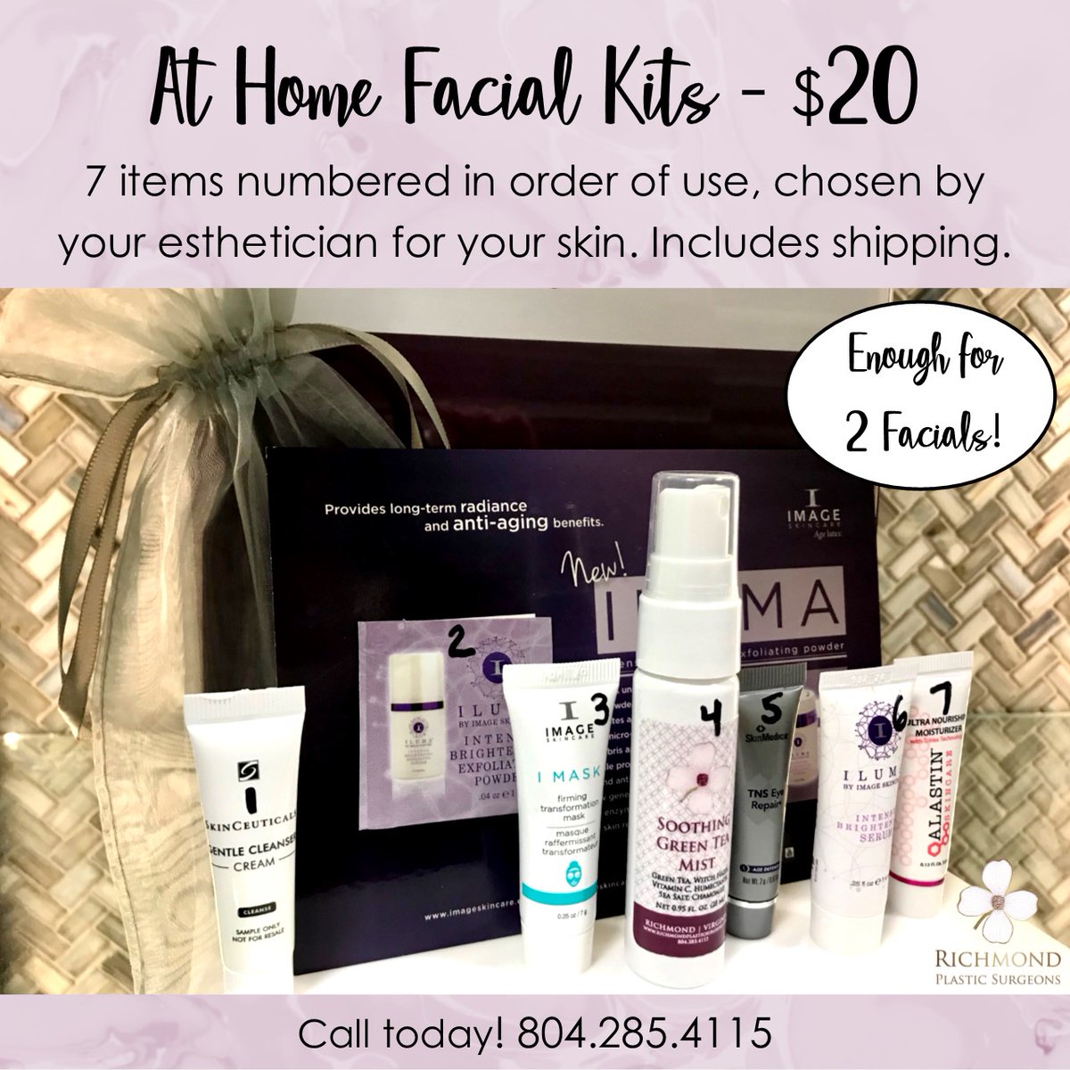 RPSRVA's tweet photo. AT HOME FACIAL KITS - $20
7 items numbered in order of use, hand picked by our esthetician for your skin. Enough for two facials! Includes shipping.
Order yours by April 30th.
•
•
•
Call today: 804.285.4115
https://t.co/CQZqQG7tCh https://t.co/7IPUPVHrYL