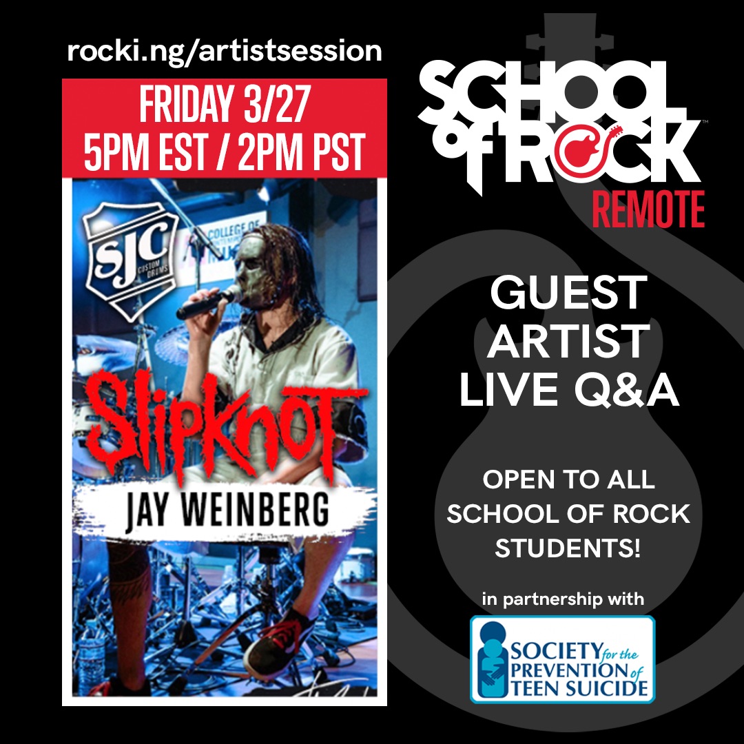 SORNYC's tweet photo. Jay Weinberg will be doing a LIVE Q&amp;A session tonight at 5:00pm EST! Is your child interested? E-mail us at nyc@schoolofrock.com to learn how to access this awesome opportunity!

#musiceducation #nycparents #uppereastside #nycmoms #nycmom #uesmoms #ueskids #schoolofrock #drums https://t.co/182b35zHlS