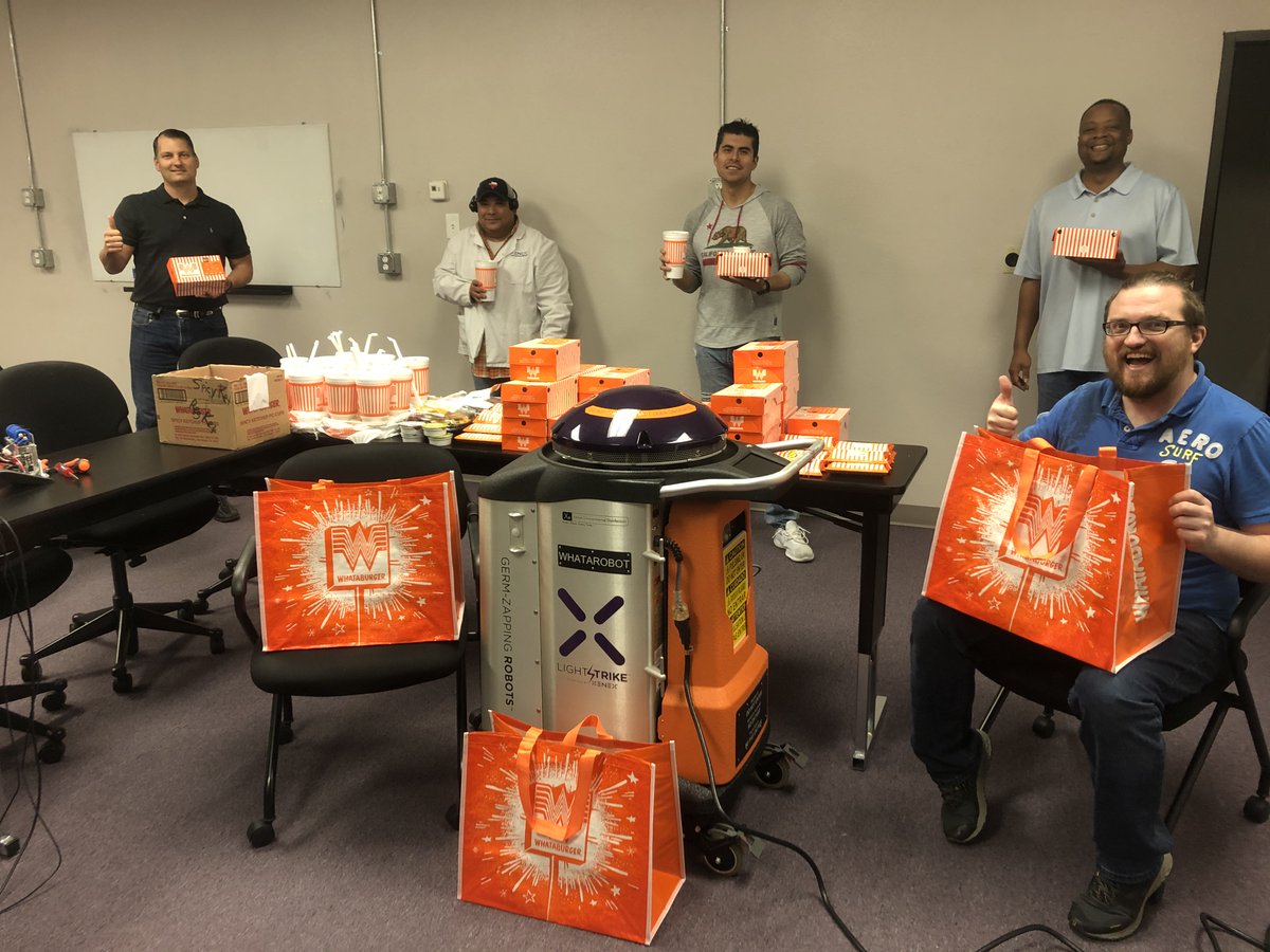 XenexDisinfect's tweet photo. Just like we like it! Texans 🧡 helping Texans 💜 - @Whataburger unit 200 generously provided lunch for our Manufacturing &amp; Warehouse teams who have been working day and night to support the needs of healthcare facilities. Thank you! (And excellent social distancing, team!) https://t.co/XJMfCsxWfU