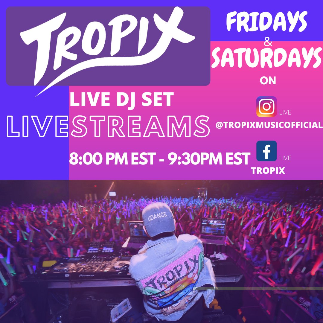 Starting Tonight I will be doing LiveDJ sets through the month of April on Instagram (tropixmusicofficial) &amp; Facebook (Tropix) Live every Friday and Saturday from 8:00 PM EST-9:30 PM EST! Excited to interact with y’all and have a great time with sharing positivity and good vibes!