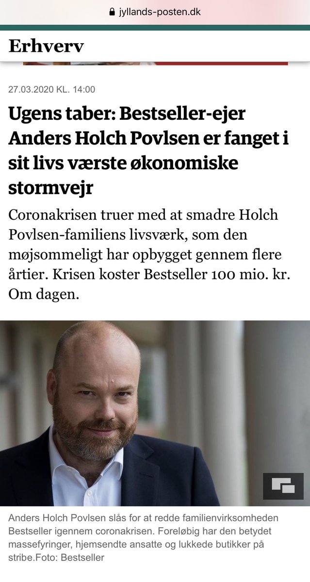 BjarneBoysen's tweet photo. Med et tab på 100.000.000,- om dagen (!), så forstår jeg sgu godt de gør noget drastisk... #dkbiz #CONVID19dk #Bestseller https://t.co/6myqCnO7Nj