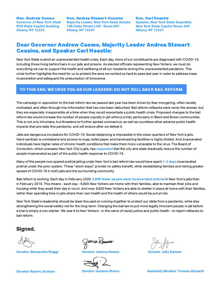 CCA_NY's tweet photo. BREAKING: 40 state legislators call on @NYGovCuomo @AndreaSCousins @CarlHeastie to not rollback bail reform.

35 members @NYSA_Majority and 5 members @NYSenDems declare changes to the bail law, which would put more legally innocent people in jail, “a non-starter.”

#NoRollbacks https://t.co/2DF4ZaylbQ