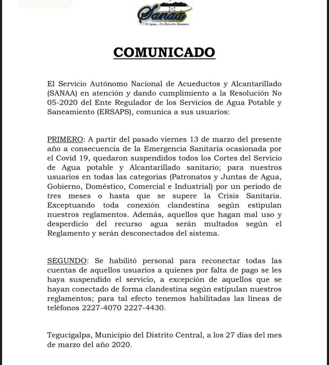 OsmanAguilarPL's tweet photo. ¡Si se puede!
SANAA suspende los cortes por falta de pago por 3 meses o hasta que dure la crisis. Así mismo ordena la reconexión de aquellos que se les haya suspendido el servicio por falta de pago.

RT si ud está de acuerdo que 
ENEE,Hondutel,Tigo, Claro y otras hagan lo mismo https://t.co/i8ecdHfJ70