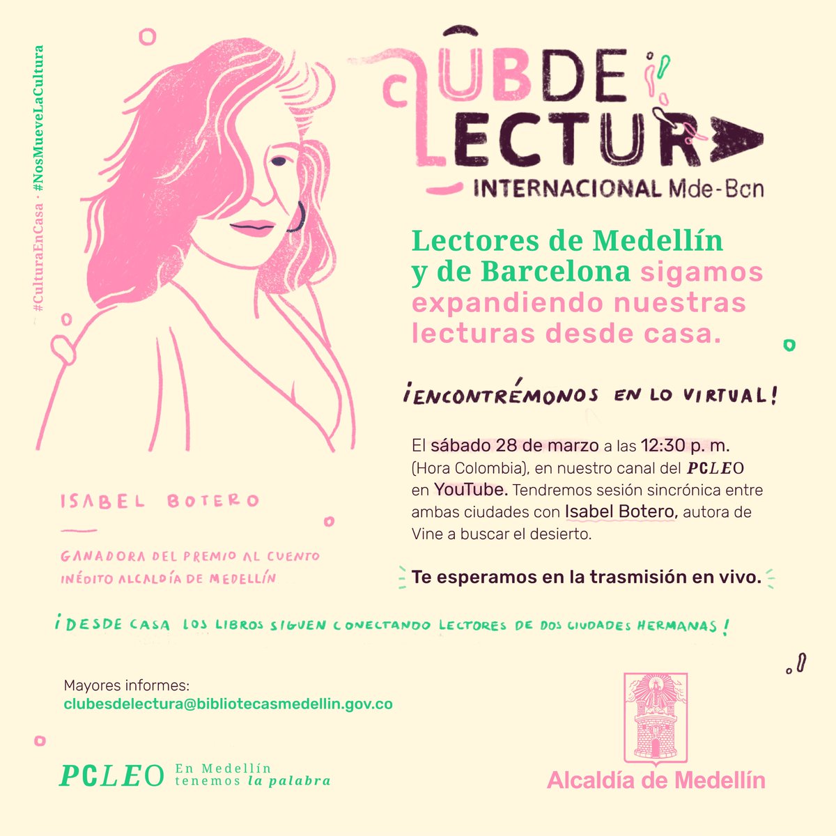 PlanLecturaMed's tweet photo. La escritora #IsabelBotero conversará con los conductores del Club de Medellín y de Barcelona, Anamaría Bedoya y Eduardo Ruiz, quienes le harán las preguntas y los comentarios que los lectores hayan enviado previamente.
👉🏻 Link de la transmisión: https://t.co/kmcd4K05So >>> https://t.co/u0S9gjMk4v