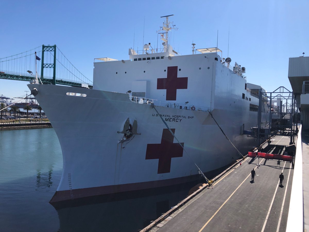 FEMA_Deanne's tweet photo. .@DeptofDefense USNS Mercy arrived today @PortofLA to relieve strains on local hospital systems. They are preparing to treat a growing number of patients who are experiencing serious #COVID19 symptoms. https://t.co/Qb35ZA4xHN