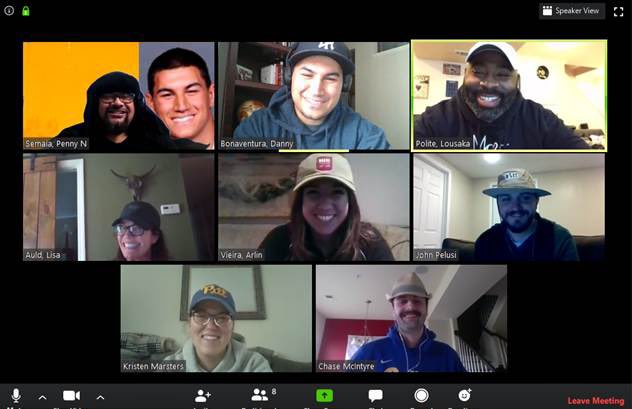 DannyB_LeboAD's tweet photo. Thankful for this dream team and the opportunity to stay connected virtually during social distancing. Penny used my @RMUFootball roster photo as his Zoom backdrop 🤦🏽‍♂️😂 #TeamDominate #HatNHoodie https://t.co/quJfDMyBo5