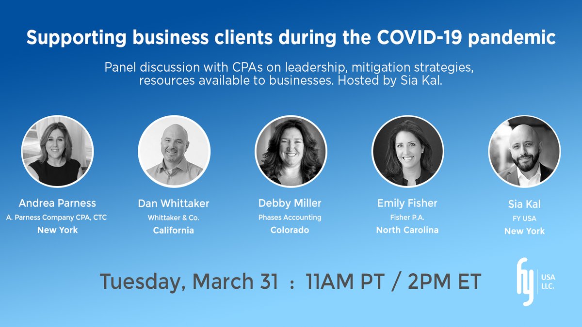 FY_Int_News's tweet photo. Welcome to FY International’s newest member firm: FY USA. On March 31, FY USA will be hosting a community outreach panel with CPAs on supporting clients during COVID-19. All are welcome!

REGISTER: https://t.co/RwQLM5y2kI
DETAILS: https://t.co/qQe2UJ2bFa

#COVID19 #TaxSeason https://t.co/0eOvv7HPBF