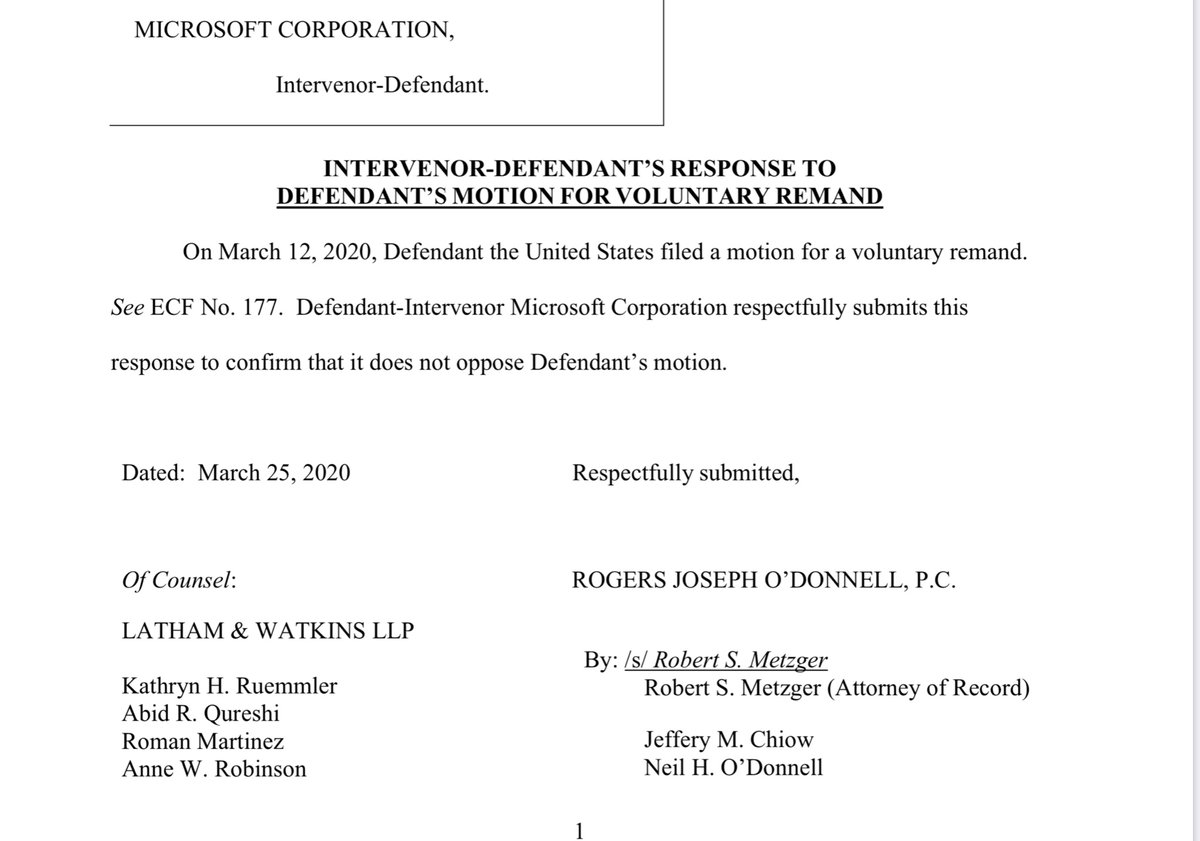 Microsoft’s “official response” = patheticLet me make this simpleTrump told  @EsperDoD don’t award JEDI to AWSEsper then sent out a series of directivesAWS said see your asses in courtDOD to Court remand it back we’ll take care of itAWS hells NO F.A.R https://ecf.cofc.uscourts.gov/doc1/01503664056?caseid=40037