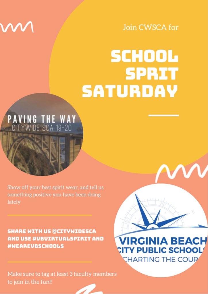 CityWideSca's tweet photo. We LOVE every school’s spirit weeks and we want to see even more! Participate in School Spirit Saturday tomorrow and help spread the love❤️ Make sure you tag #vbvirtualspirit #wearevbschools ! https://t.co/zzem5Ef3gy