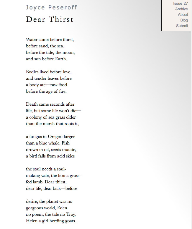 Here's Joyce Peseroff's  #InternationalPoetryCircle poem, "Dear Thirst," published in  @memoriousmag: https://memorious.org/?id=684&fbclid=IwAR0E0Wm39vtSG0ryeL1ypw-D_u3kyr92fWCGPAksXIVM6igJHg_X85js4Ic
