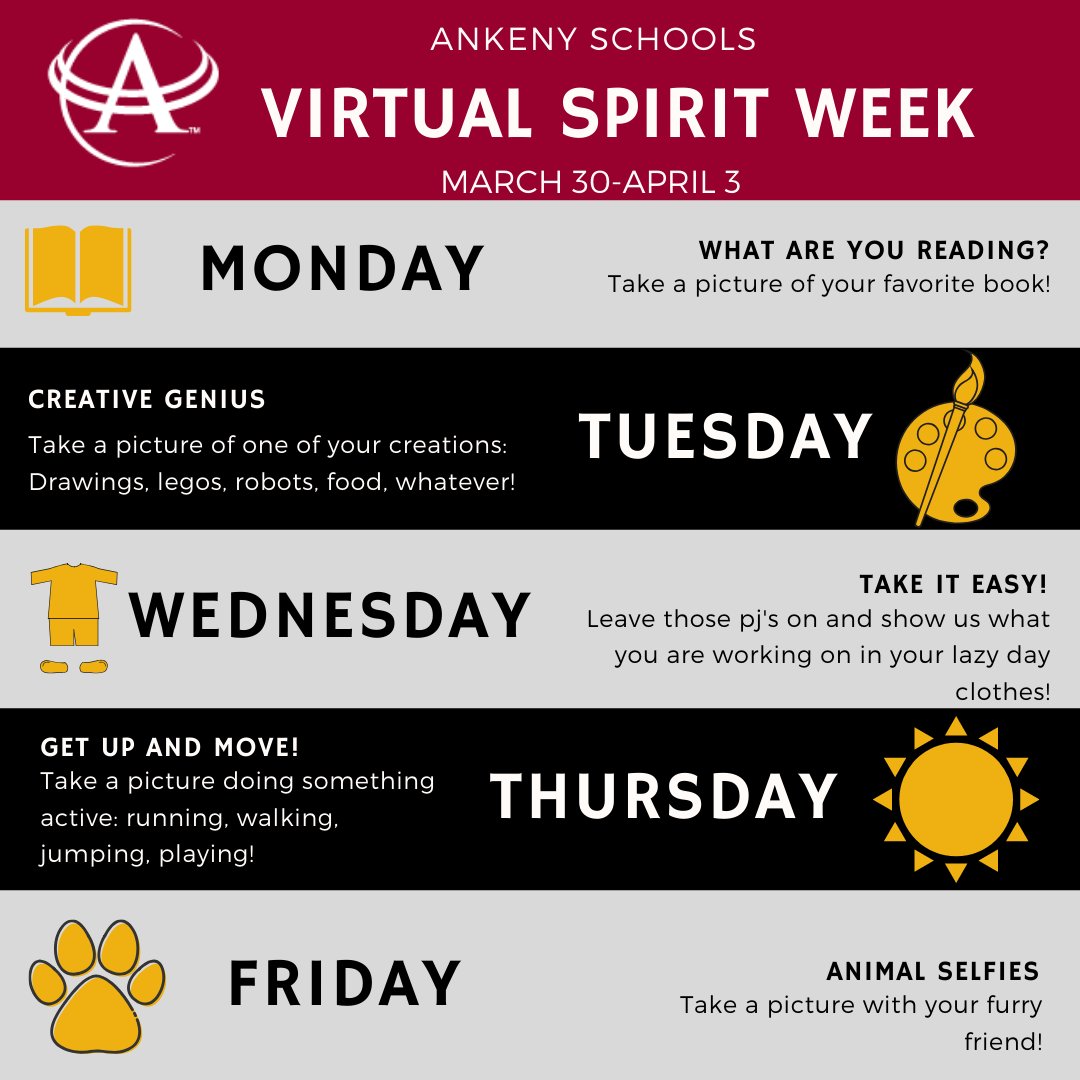 AnkenySchools's tweet photo. Join us for the first-ever, district-wide, Virtual Spirit Week! Each day next week, we will participate in a virtual spirit day. Share your spirit activities and outfits on Facebook, Instagram, and Twitter! Use the hashtags #AnkenySchools #VirtualSpiritWeek #HawksandJags https://t.co/7btoFUXLmw