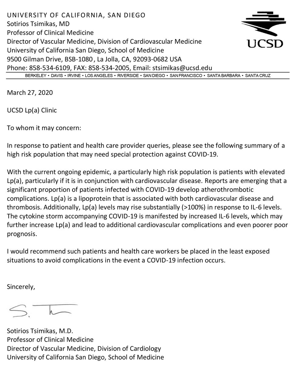 Lpa_Doc's tweet photo. I have gotten several queries from patients and providers with elevated Lp(a) and risk of COVID-19 if infected, particularly with cytokine storm potentially increasing Lp(a) and CV events. I have drafted a generic letter and making it public if it will help anyone stay safer. https://t.co/q5BMutHHGP