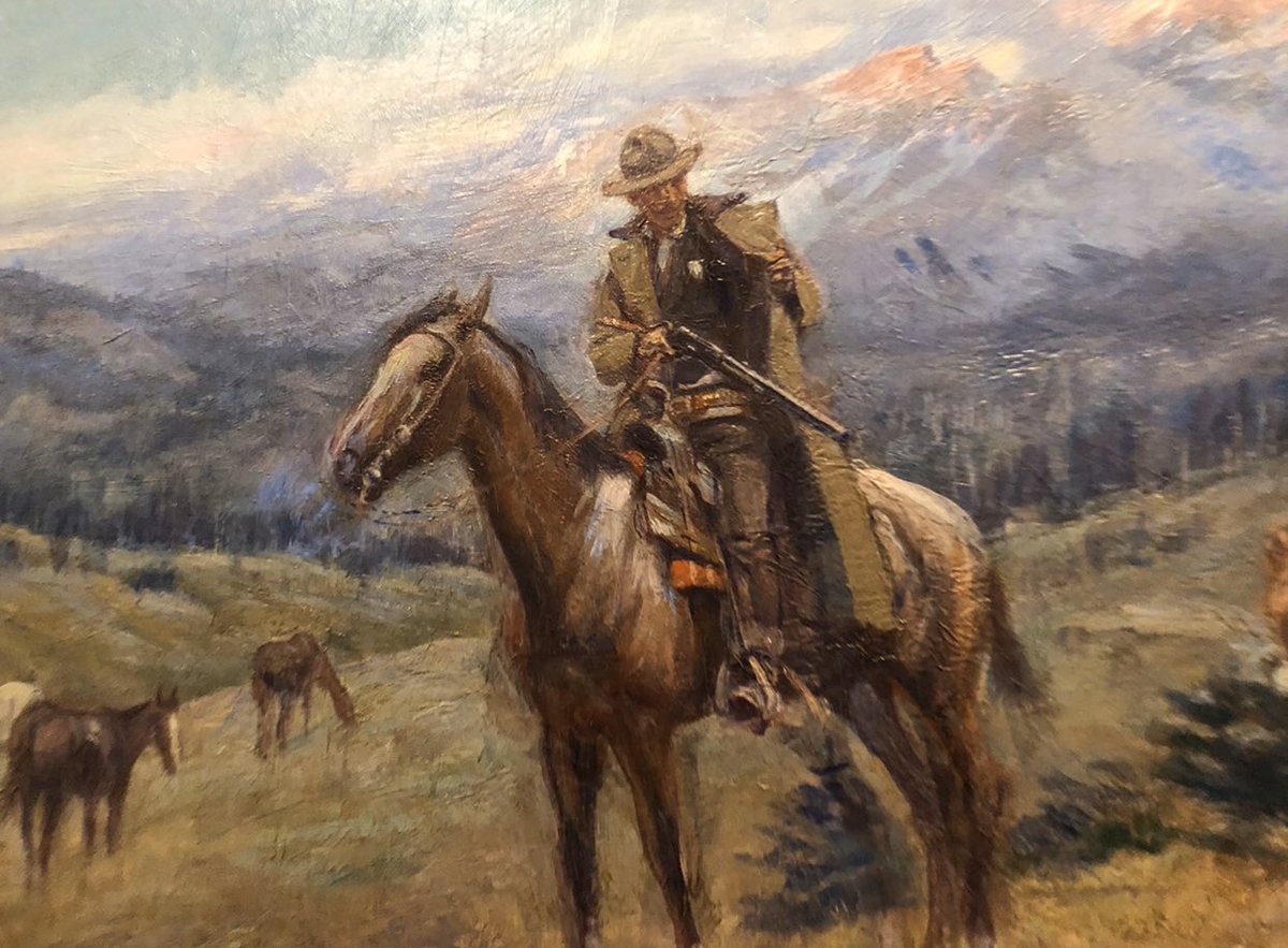 ncwhm's tweet photo. This is a Charles M. Russell, the pocket watch guy, painting called The Call of the Law. Whatcha gonna do? Whatcha gonna do when they come for you? 1911, oil on canvas 1975.20.1 gift of Albert K. Mitchell, 1975  #HashtagTheCowboy Thanks, Tim https://t.co/iuEuN2JRDI