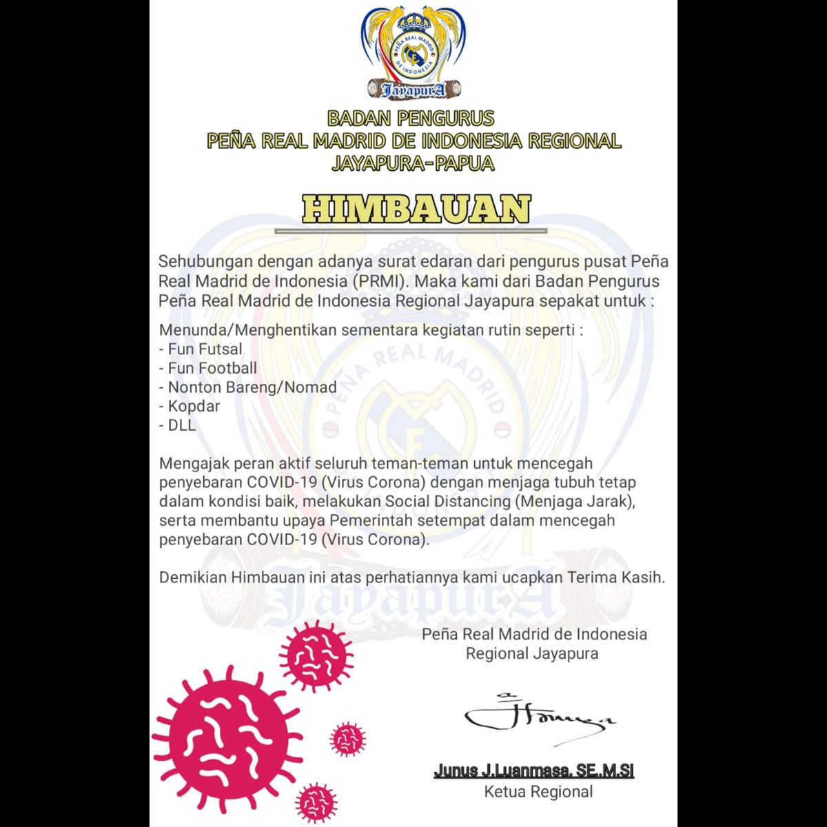 Himbauan sekaligus pengumuman kepada seluruh keluarga besar PRMI Jayapura dimanapun anda berada #HalaMadrid #VamosMJP