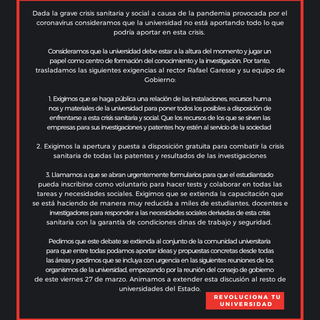 RevolucionaUAM's tweet photo. La Universidad debería aportar mucho más a esta crisis. Por eso hacemos públicas estas exigencias que hemos enviado hoy al Consejo de Gobierno de la UAM.
Se suman @Contrac_Mad @panyrosasmad @AED_UAM @FFF_UAM @FEL_Madrid de la UAM.
Si quieres apoyarlo DM o responde al tuit! https://t.co/4Q6QEE3tpi