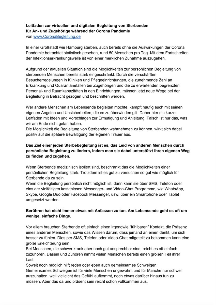 CoronaBegleiter's tweet photo. Leitfaden zur #virtuellen und #digitalen #Begleitung von #Sterbenden für #Angehörige und #Zugehörige während der #Corona #Pandemie
Der Text richtet sich vor allem an Zugehörige von Erkrankten in #Pflegeeinrichtungen und #Krankenhäusern. Bitte teilt ihn!

https://t.co/cFY3DPeyy7 https://t.co/sxXzZ0dkB6