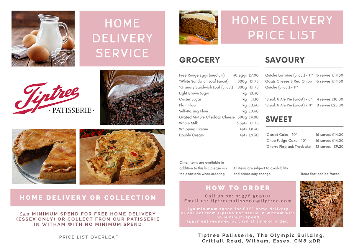 ColesPuddings's tweet photo. NEW: Tiptree Patisserie Home Delivery.
Tiptree Patisserie are offering, whilst practicable, a home delivery service in the Essex area.  Stock availability may vary on a day to day basis. Call the Tiptree Patisserie team on 01376 509101 to place your order today. https://t.co/JOUYhskAAj