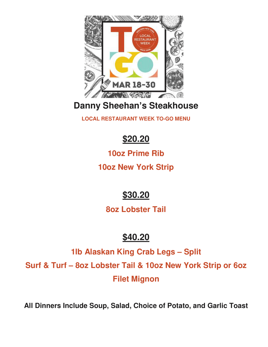 LocalRestWeek's tweet image. Tired of the usual fish fry? Check out Danny Sheehans Steak House for a delicious Lobster Tail🦞

LRW To Go - until March 30th