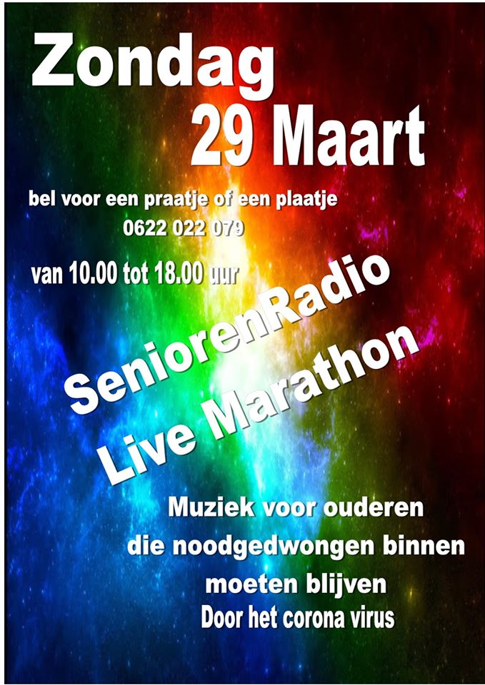 SeniorenRadio! Zondag 29 maart een speciale radio-uitzending voor ouderen die in deze tijd noodgedwongen binnen moeten blijven. Tip voor je vader/moeder/opa/oma?
Link naar uitzending: mediaserv30.live-streams.nl:8121/stream #corona #ouderen #voorschoten