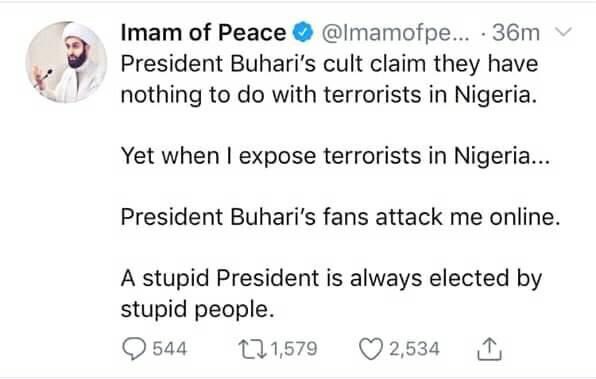 renoomokri's tweet photo. One of the world’s most popular Islamic cleric, the Imam of Peace, @ImamofPeace, claims those who voted for General @MBuhari again are “stupid people”. Do you agree?

RETWEET if you AGREE. LIKE if you DISAGREE

#LeadOrLeave #BuhariTormentor https://t.co/RulkmV96FP