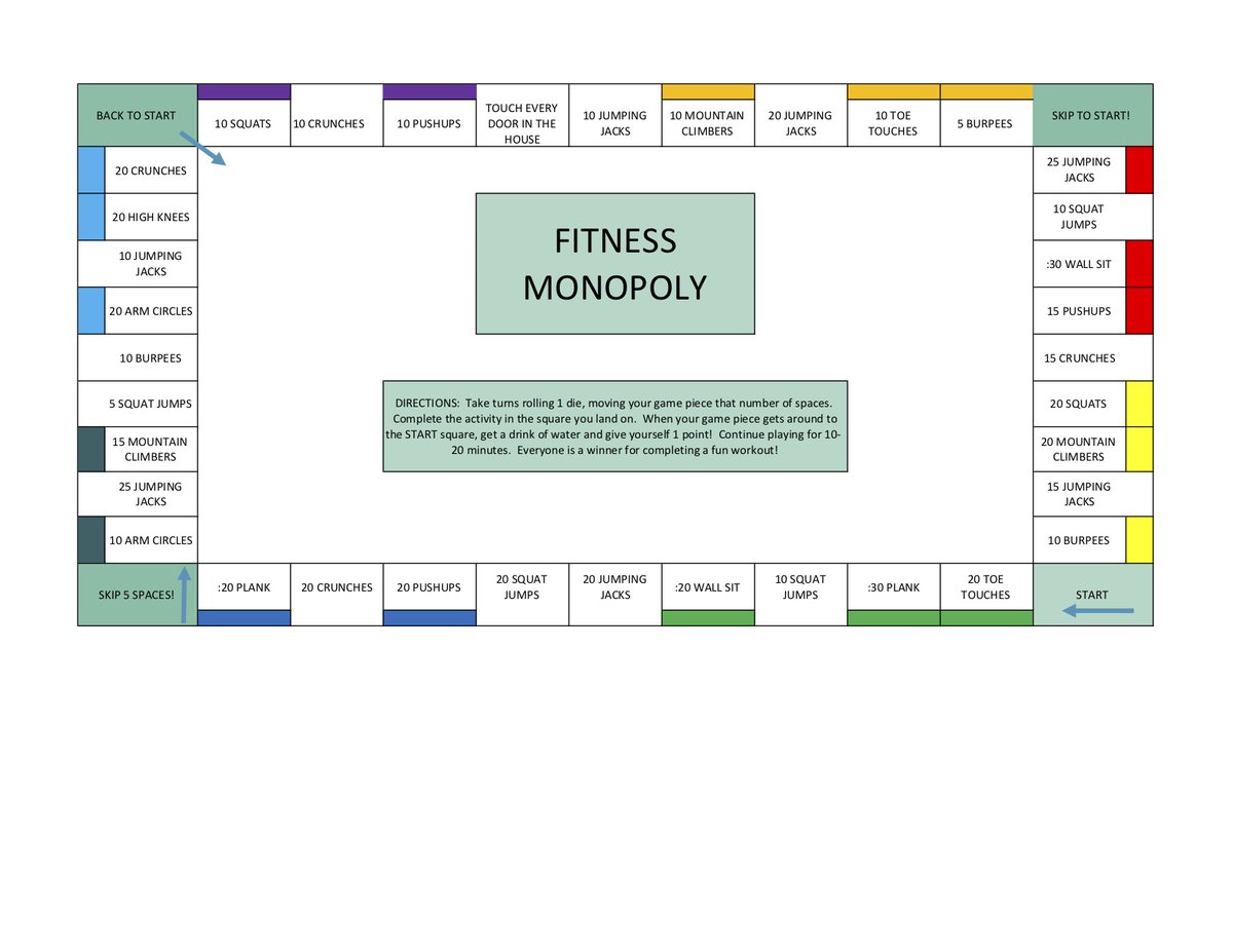 AHParkDistrict's tweet photo. Our fitness staff at Arlington Ridge Center invites you to enjoy their version of a fitness themed board game called ARC-opoly! Players can collect points as they complete certain moves and challenges! Game on Arlington Heights! https://t.co/bjVwqTNTAF #WEPLAYEVERYDAY https://t.co/H4dRdJDXO6