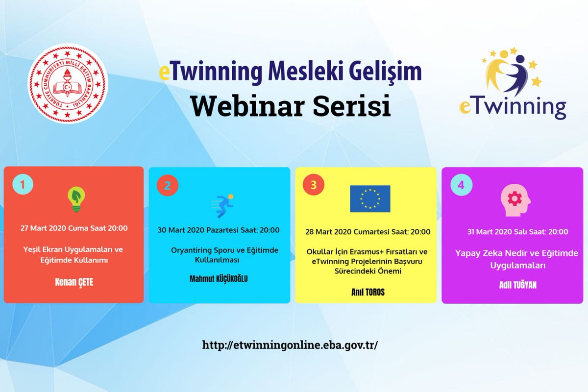 Türkiye e-twinning ekibi meslektaşları için mesleki gelişim webinarları düzenliyor. Her zaman çözümün parçası olan Türkiye etwinning ekibini ve ögretmenlerimizi tebrik ediyorum.
<a href="/ziyaselcuk/">Ziya Selçuk</a> 
<a href="/safran1958/">Mustafa SAFRAN</a> 
<a href="/tretwinning/">eTwinning Türkiye</a>