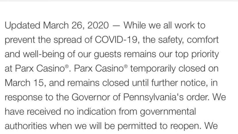 Updated 3/26: The comfort and well-being of our guests &amp; team members is our priority at Parx. Click here for our full official statement: parxcasino.com/covid