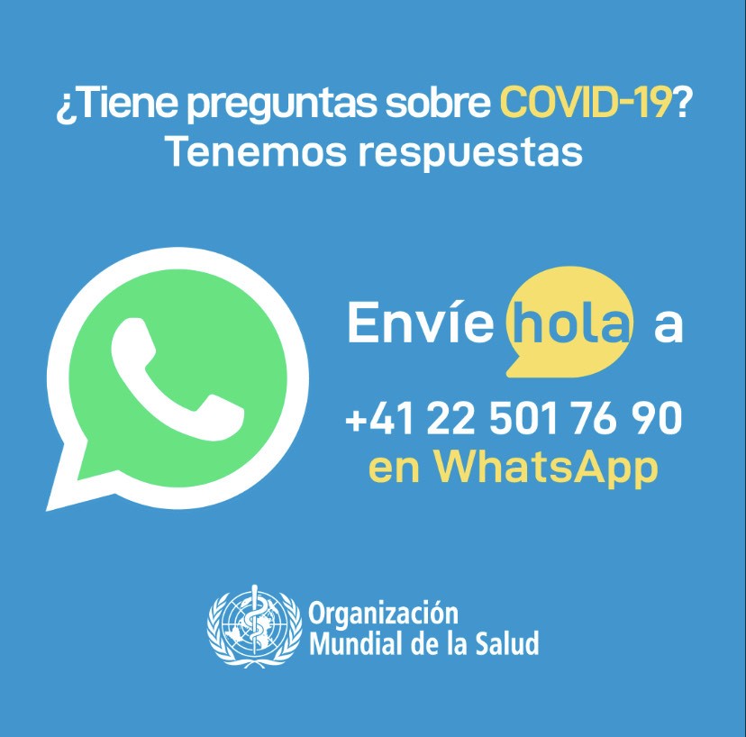 OPS/OMS (@opsoms) on Twitter photo ¡La OMS (<a href="/WHO/">World Health Organization (WHO)</a>) lleva la información de la #COVID19 a millones 🌎 a través de WhatsApp, ahora en español!
👉 Envíe la palabra “𝐇𝐨𝐥𝐚” al +41 22 501 76 90 📲 para comenzar la conversación.
➕INFO: paho.org/hq/index.php?o… ¡La OMS (<a href="/WHO/">World Health Organization (WHO)</a>) lleva la información de la #COVID19 a millones 🌎 a través de WhatsApp, ahora en español!
👉 Envíe la palabra “𝐇𝐨𝐥𝐚” al +41 22 501 76 90 📲 para comenzar la conversación.
➕INFO: paho.org/hq/index.php?o…