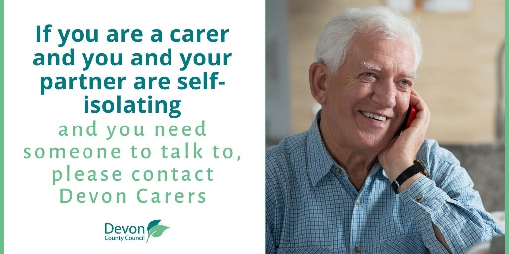 DevonCC's tweet photo. 27.3.20 - If you are a carer and you and your partner are self-isolating, and you need someone to talk to, pleaae contact Devon Carers: https://t.co/wQ2osmKIF5 #DevonCarers https://t.co/CSZmI2Byu4