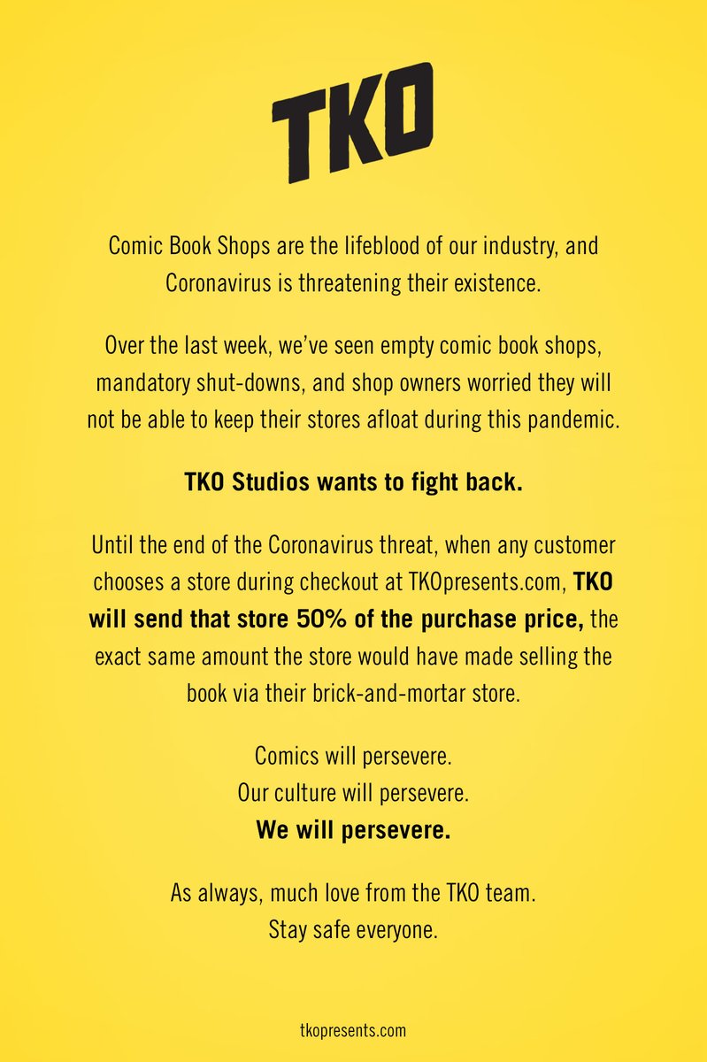 COVID-19 is threatening comic book shops. TKO wants to fight back.

Tag your favorite shop and retweet if you ❤️ comics!

#ComicBookStrong #ComicShopLove