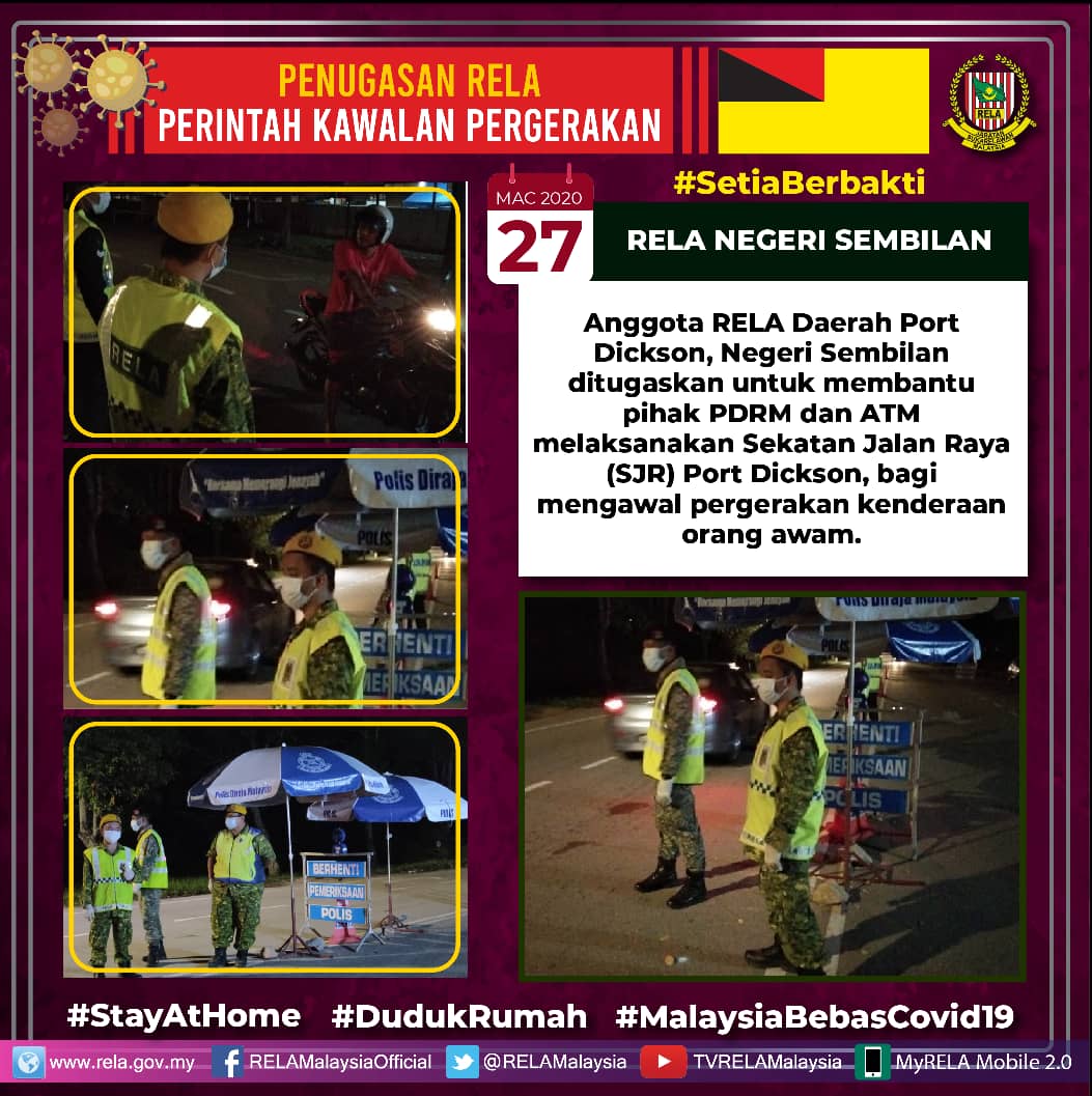 relamalaysia's tweet photo. #COVIDー19
Antara penugasan pegawai dan anggota RELA di seluruh negara hari ini | 27 Mac 2020 
#SetiaBerbakti
#StayAtHome  
#DudukRumah
#MalaysiaBebasCovid19
#RestrictedMovementOrder
@jpmgov_
@MKNJPM
@KDNPUTRAJAYA https://t.co/kxYwRx3nTG
