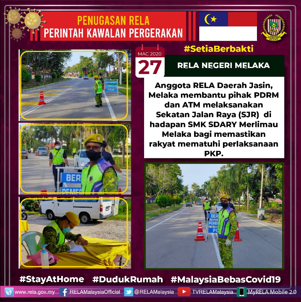 #COVIDー19
Antara penugasan pegawai dan anggota RELA di seluruh negara hari ini | 27 Mac 2020 
#SetiaBerbakti
#StayAtHome  
#DudukRumah
#MalaysiaBebasCovid19
#RestrictedMovementOrder
<a href="/jpmgov_/">Jabatan Perdana Menteri</a>
<a href="/MKNJPM/">MAJLIS KESELAMATAN NEGARA</a>
<a href="/KDNPUTRAJAYA/">KDN🇲🇾</a>