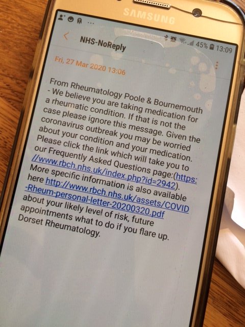 varley_susan's tweet photo. Following yesterdays successful  first group text with advice to a specific cohort of rheumatology patients at Christchurch, we perform the same feat this morning for those attending our service at Poole.  Rapid roll out @OneNHSinDorset @Poole_Hospital @RBCH_NHS  @DCHFT https://t.co/towX8UiSsS