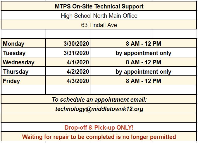 #MTPSpride On-Site Technical Support Hours for the week of March 30th. Drop-off &amp; Pick-up ONLY! Waiting for completion of repair is no longer permitted. Support appointments always available by emailing: technology@middletownk12.org @mtpspride @DrGeorge_MTPS