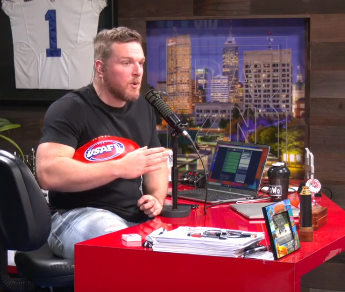 USAFL1997's tweet photo. Shout out to the newest and biggest Aussie Rules fan, @PatMcAfeeShow, repping his new USAFL football on the program today! https://t.co/iL9eIVVNmk