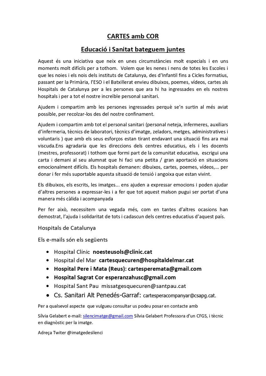 📮 #CartesAmbCor❤️ <a href="/educaciocat/">Educació</a> i <a href="/salutcat/">Salut</a> bateguem juntes 💓

 🏥 Diferents hospitals catalans demanen als alumnes d'escoles i instituts que els facin arribar missatges de suport ✉️

 ✏️ Poden ser dibuixos, poemes, vídeos, cartes... #JoActuo #NoEsteuSols #CartesqueCuren <a href="/icscat/">ICS. Generalitat</a>