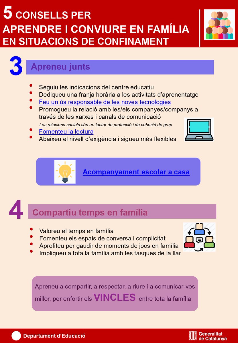 educaciocat's tweet photo. 5⃣ Consells per aprendre i conviure en família en situacions de #confinament 👨‍👩‍👦‍👦🏠

🙌 Respecteu-vos
🕘 Establiu rutines
💻 Apreneu junts
💬 Compartiu temps en família
 🧎‍♀️ Busqueu temps per a vosaltres

#JoActuo #JoAprencACasa #QuedatACasa #FamíliaiEscola https://t.co/6AAEVN4jT3