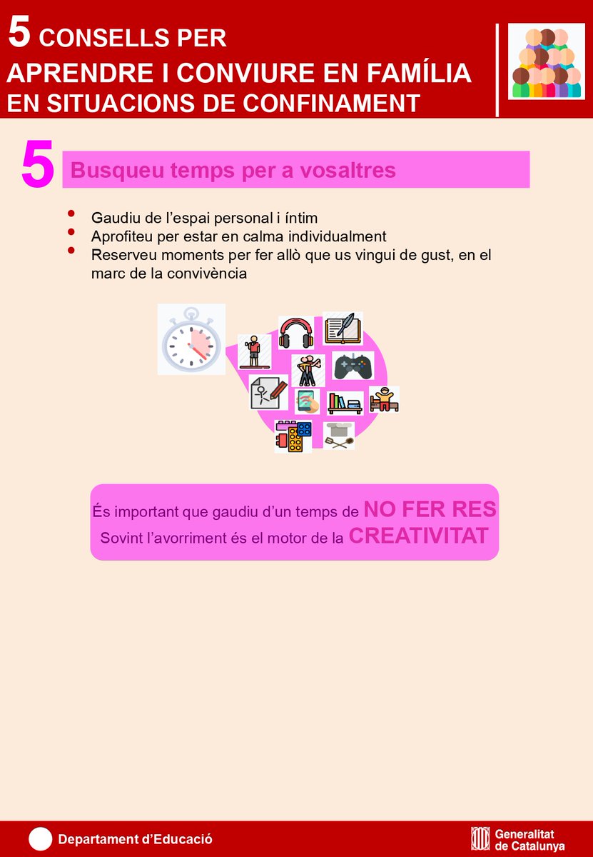 educaciocat's tweet photo. 5⃣ Consells per aprendre i conviure en família en situacions de #confinament 👨‍👩‍👦‍👦🏠

🙌 Respecteu-vos
🕘 Establiu rutines
💻 Apreneu junts
💬 Compartiu temps en família
 🧎‍♀️ Busqueu temps per a vosaltres

#JoActuo #JoAprencACasa #QuedatACasa #FamíliaiEscola https://t.co/6AAEVN4jT3